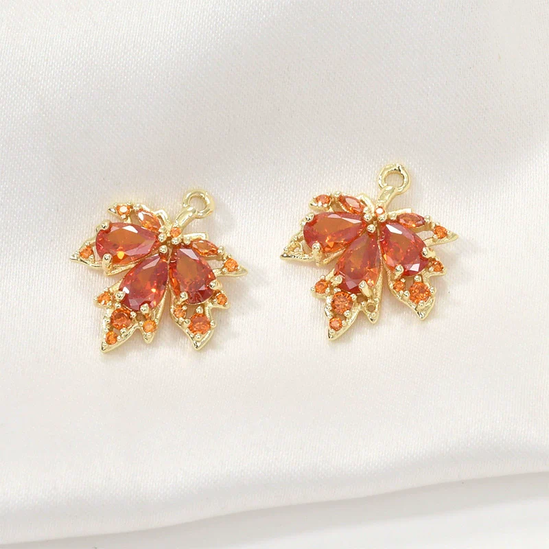 Copper Jewelry With 14K Gold Plated Red Zircon Maple Leaf Pendant Electroplating Treatment Plant Flowers Style - Image 6