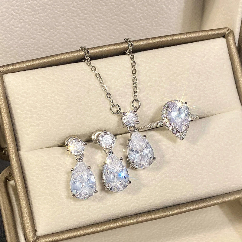 Copper Light Luxury Dropshaped Earrings And Necklace With Mixed Gem Inlay And Zircon Design For Women