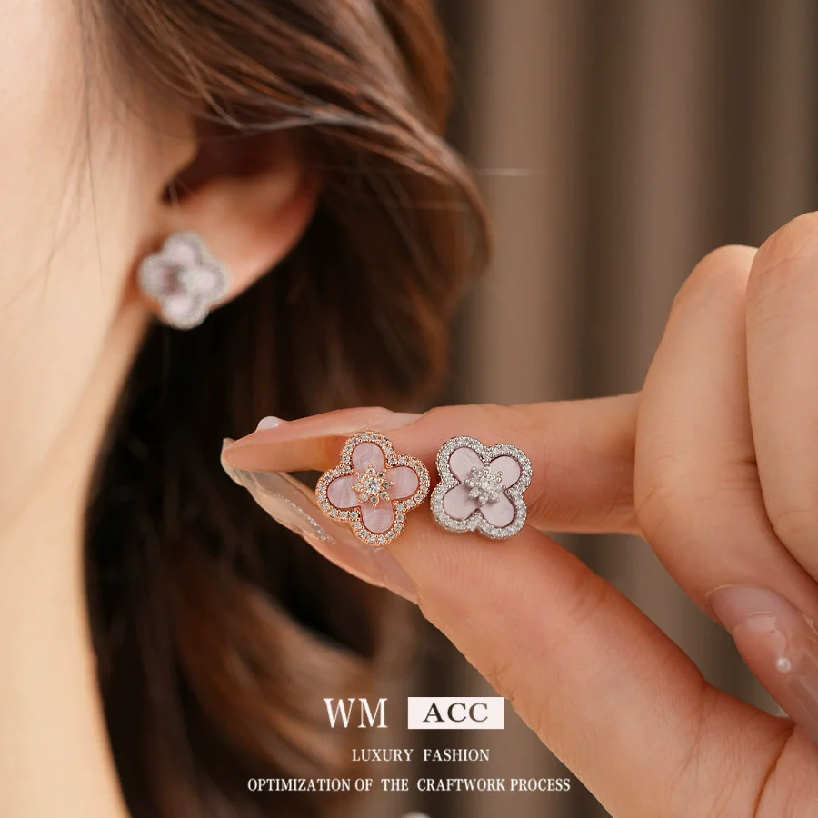 Copper Motherofpearl Clover Flower Earrings And Necklace Set With Zirconia Highend Fashion - Image 4
