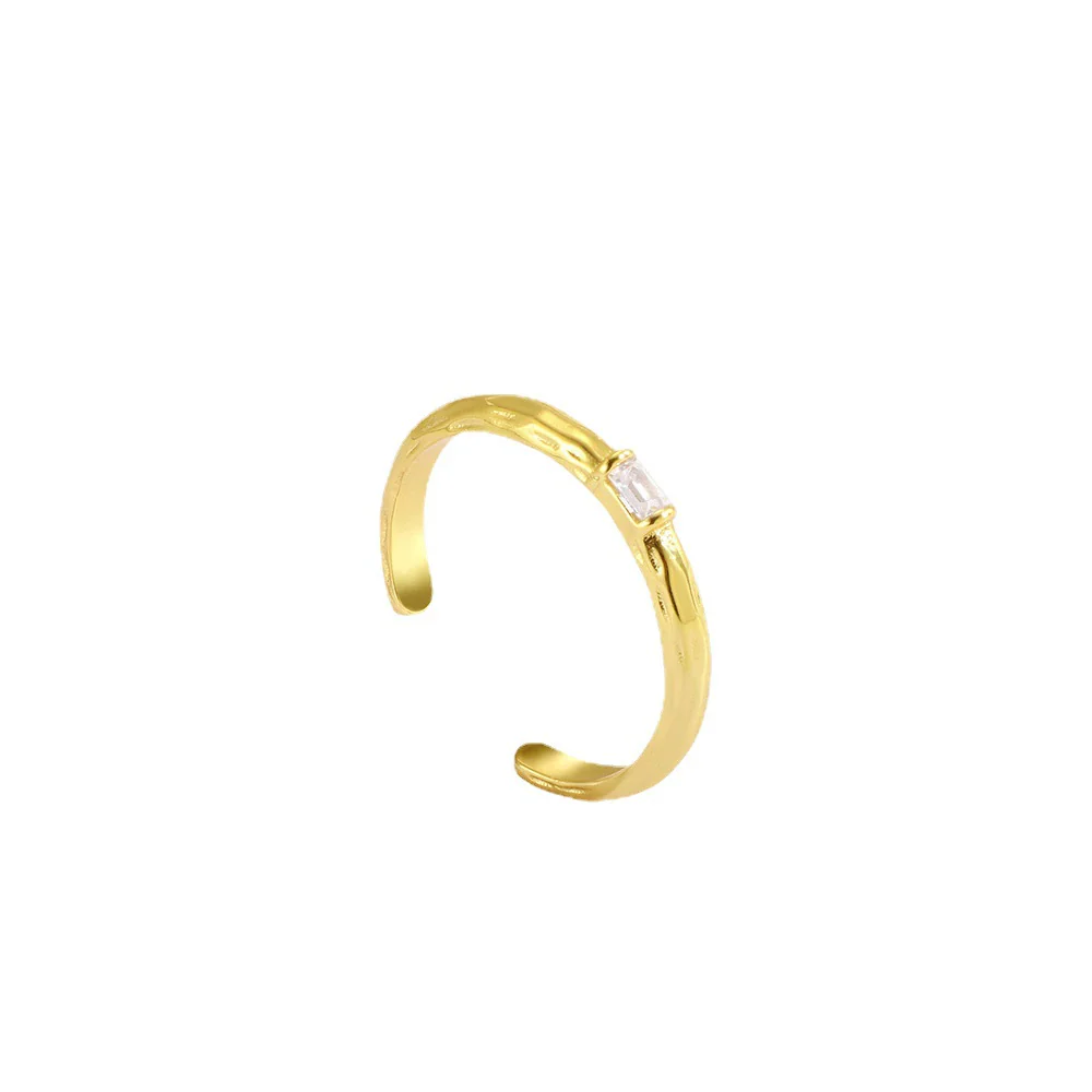 Copper Zircon Ring Women's Vintage Hammered Geometric Real Gold Electroplated Fashion Opening Adjustable Jewelry - Image 5
