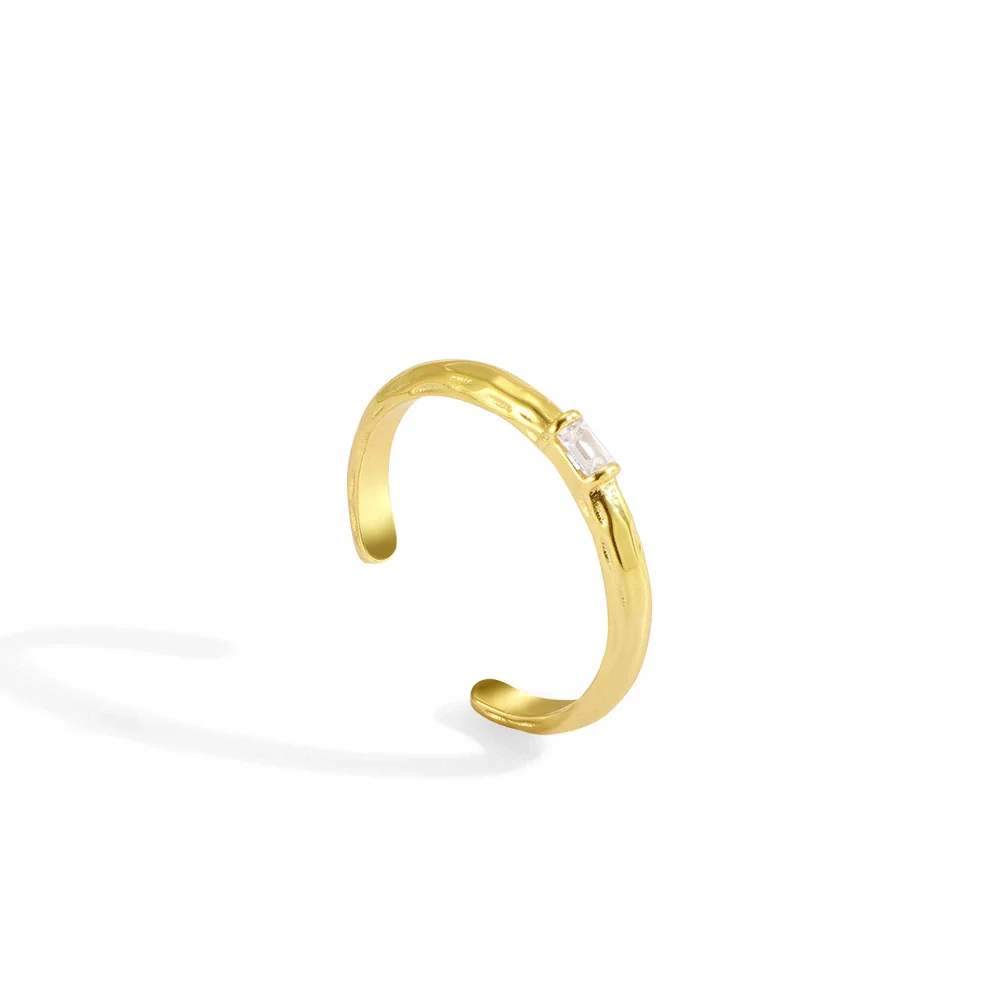 Copper Zircon Ring Women's Vintage Hammered Geometric Real Gold Electroplated Fashion Opening Adjustable Jewelry - Image 6