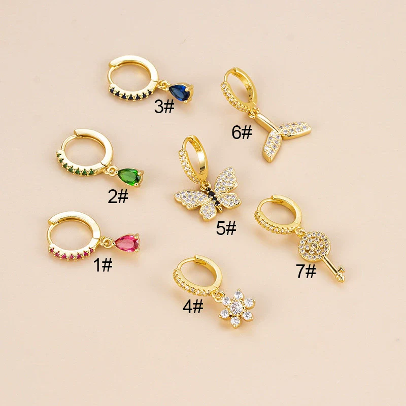 Copper Zircon Women's Drop Shape Butterfly Flower Fish Tail Key Pendant Earring For Cartilage Piercing - Image 6