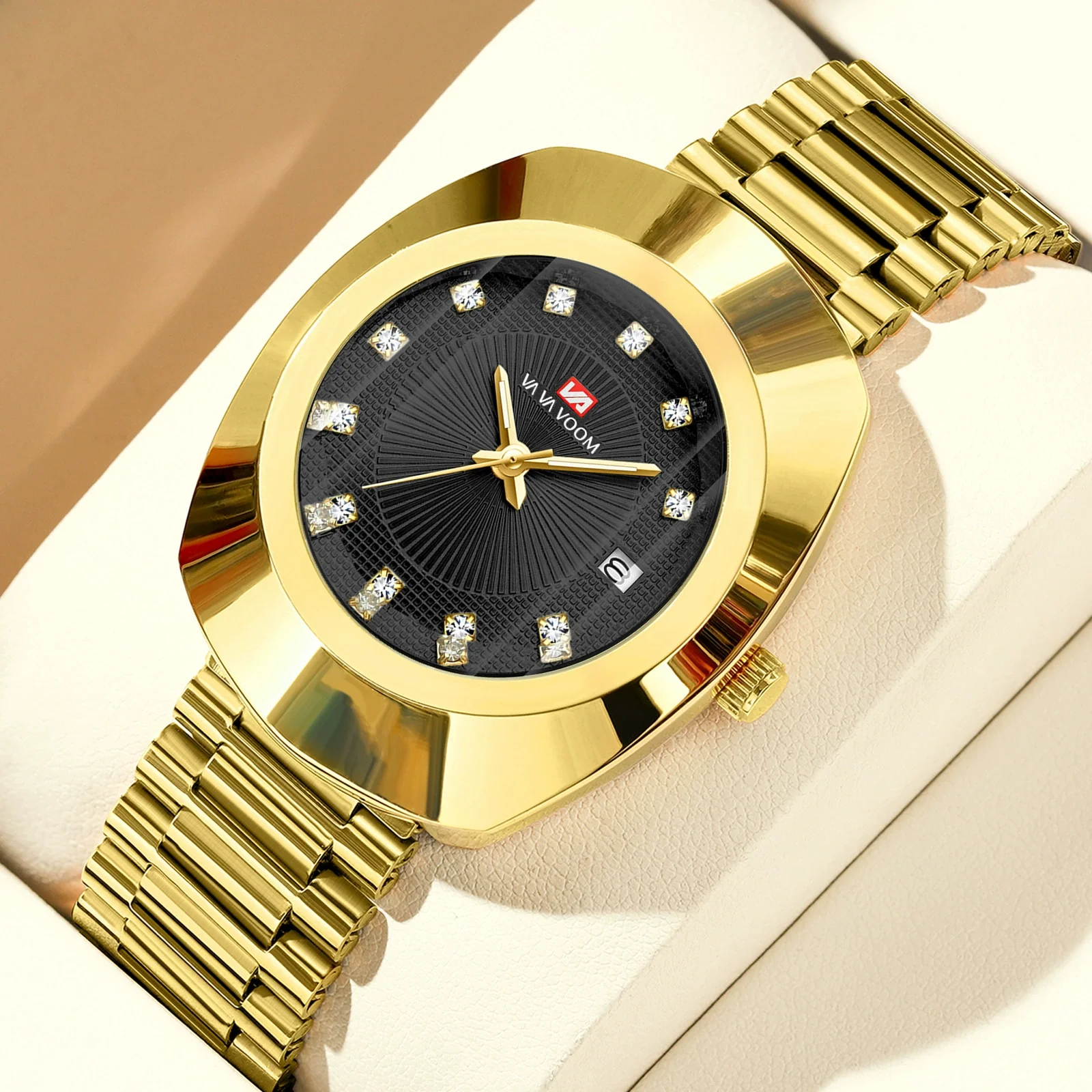 Couple Business Style Quartz Watch Alloy Case Stainless Steel Band Oval Dial Waterproof
