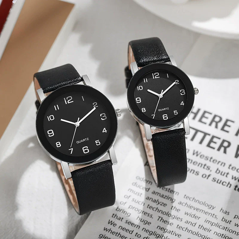 Couple Casual Alloy Quartz Watch With Round Dial Stainless Steel Clasp Genuine Leather Strap Mineral Strengthened Glass Mirror