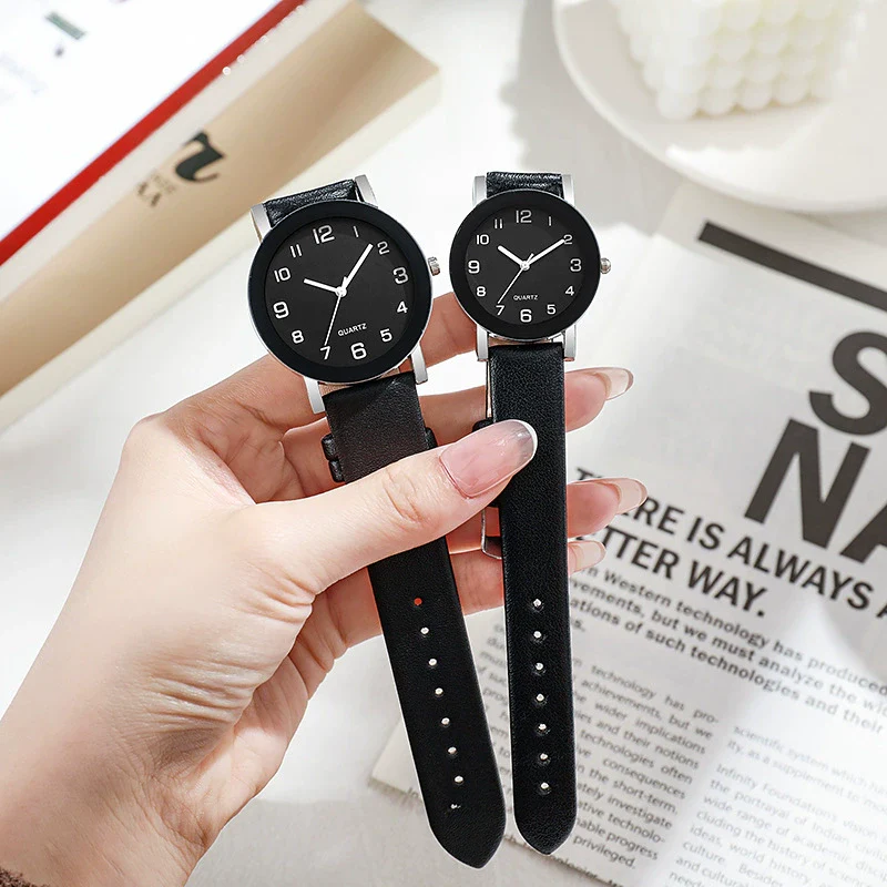 Couple Casual Alloy Quartz Watch With Round Dial Stainless Steel Clasp Genuine Leather Strap Mineral Strengthened Glass Mirror - Image 4