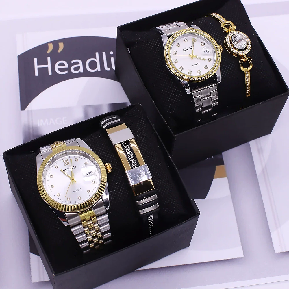 Couple Fashion Waterproof Quartz Wrist Watch Set Alloy And Stainless Steel Round Dial - Image 2