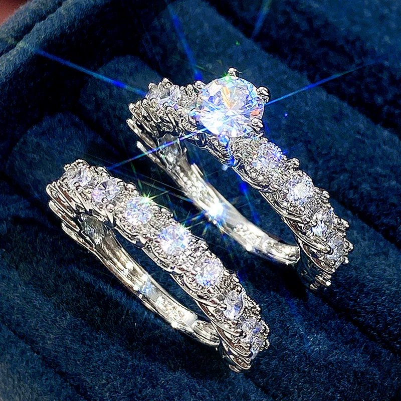Couple Ring Copper Geometric Inlaid Zircon Fashionable Bridal Accessories - Image 3