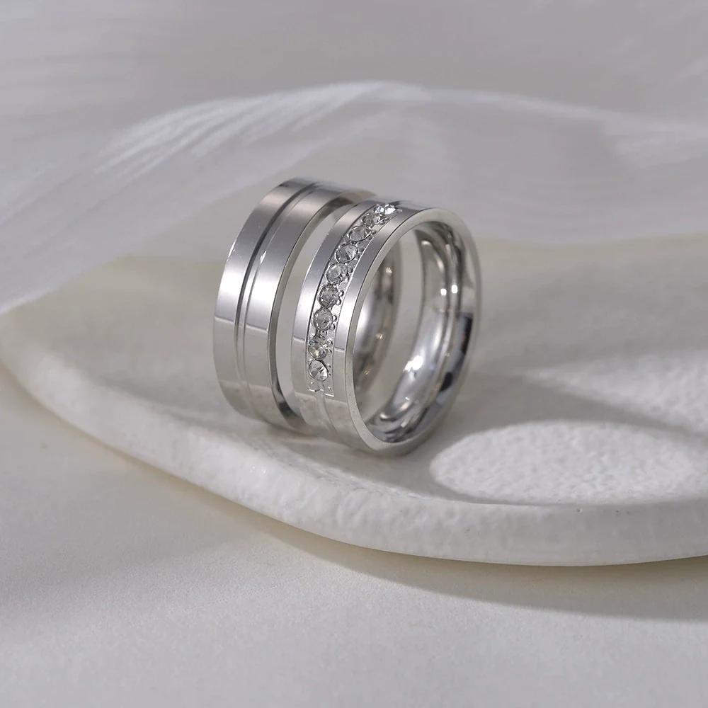 Couple Rings Stainless Steel Geometric Electroplating Zircon Jewelry - Image 2