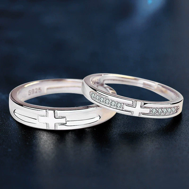 Couple Style 925 Sterling Silver Cross Pair Ring With Zircon And Geometric Pattern Microinlay