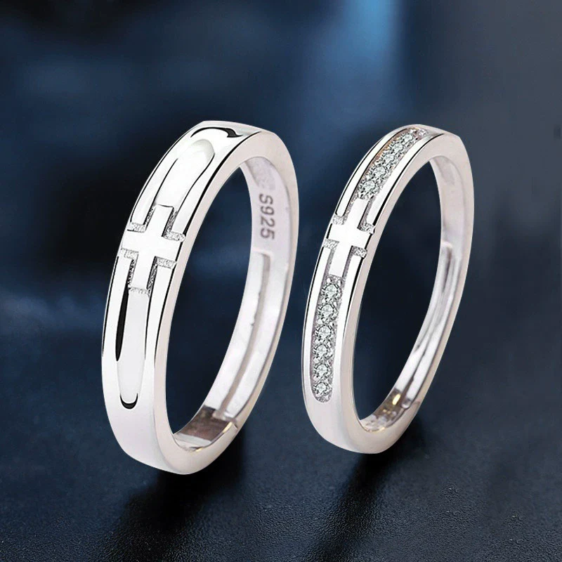 Couple Style 925 Sterling Silver Cross Pair Ring With Zircon And Geometric Pattern Microinlay - Image 2