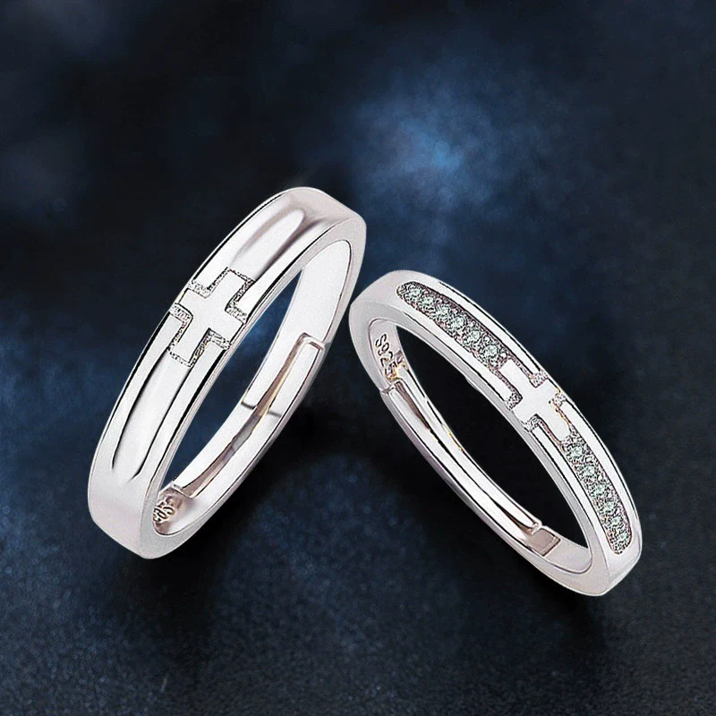 Couple Style 925 Sterling Silver Cross Pair Ring With Zircon And Geometric Pattern Microinlay - Image 3