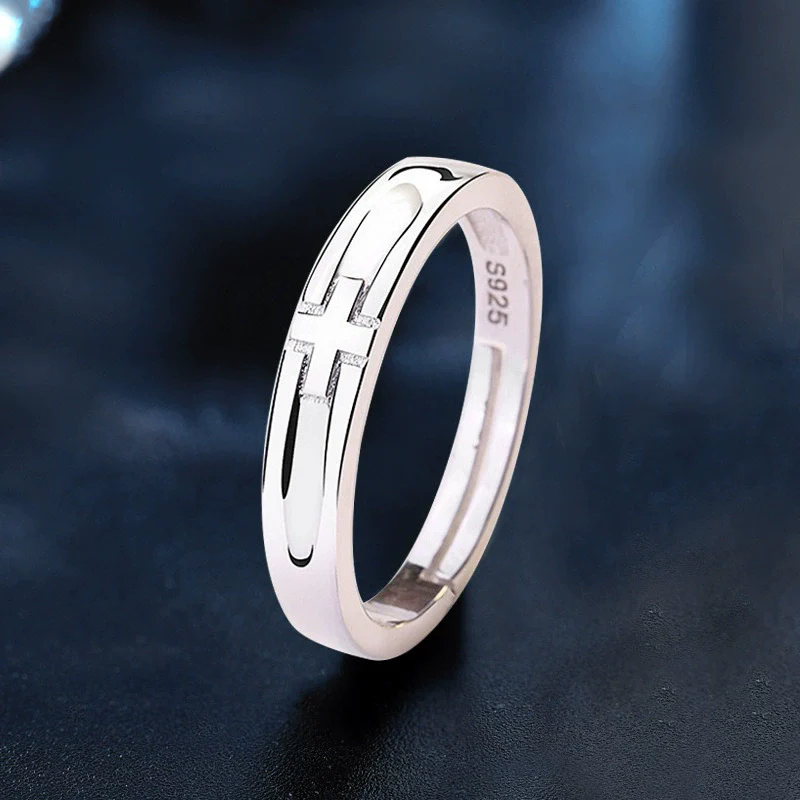 Couple Style 925 Sterling Silver Cross Pair Ring With Zircon And Geometric Pattern Microinlay - Image 4