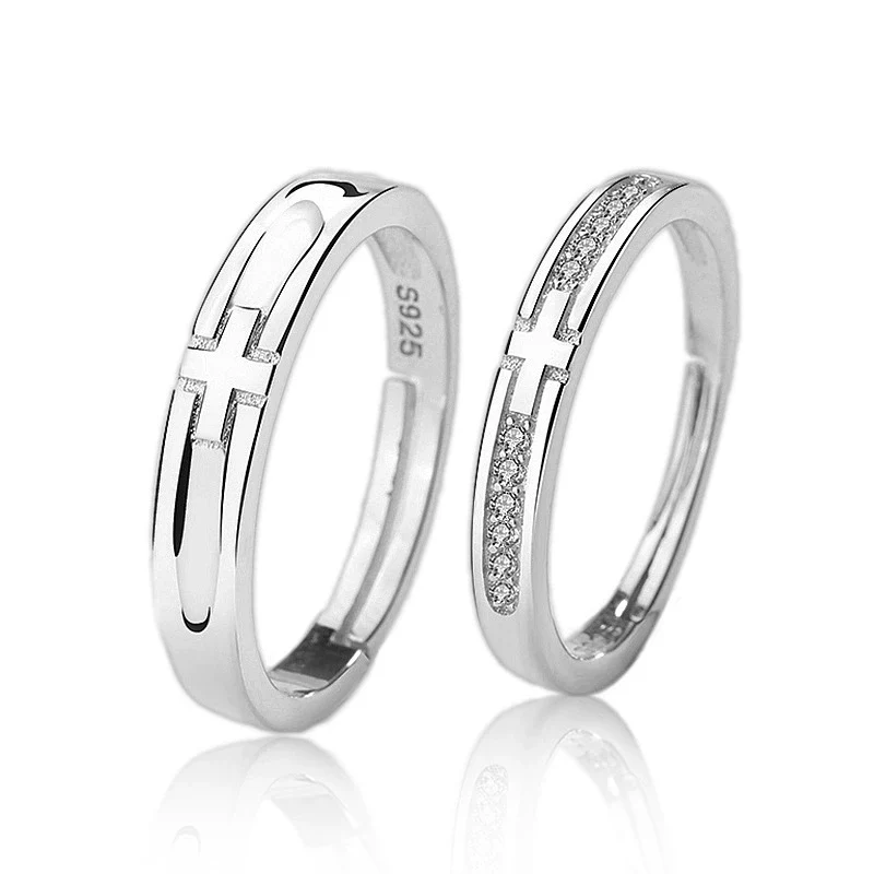 Couple Style 925 Sterling Silver Cross Pair Ring With Zircon And Geometric Pattern Microinlay - Image 5