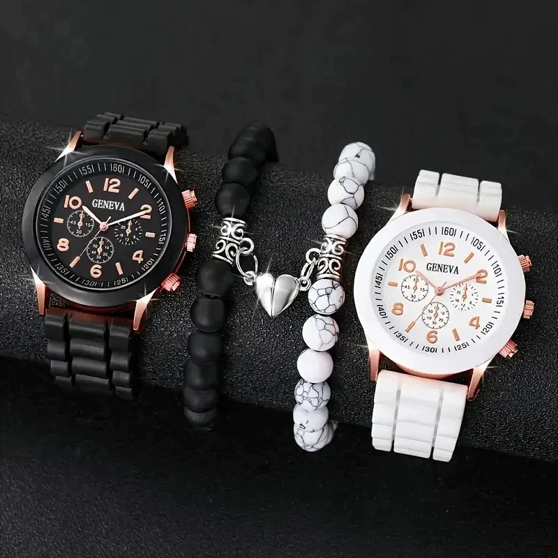 Couple Watch Set Alloy Case Silicone Strap Magnetic Heart Casual Style Round Dial