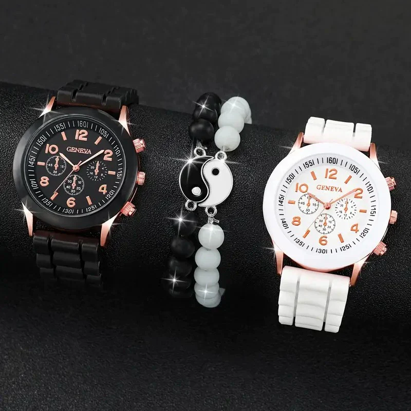 Couple Watch Set Alloy Case Silicone Strap Magnetic Heart Casual Style Round Dial - Image 2