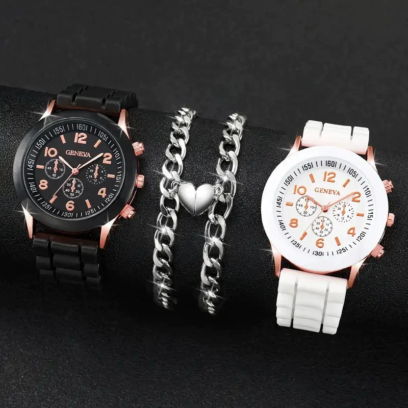 Couple Watch Set Alloy Case Silicone Strap Magnetic Heart Casual Style Round Dial - Image 3
