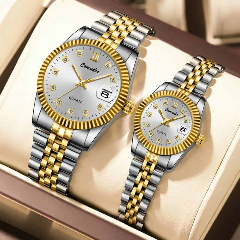 Couple Watches Alloy Stainless Steel Round Casual Quartz Business Style Waterproof Luminous Calendar - Image 2