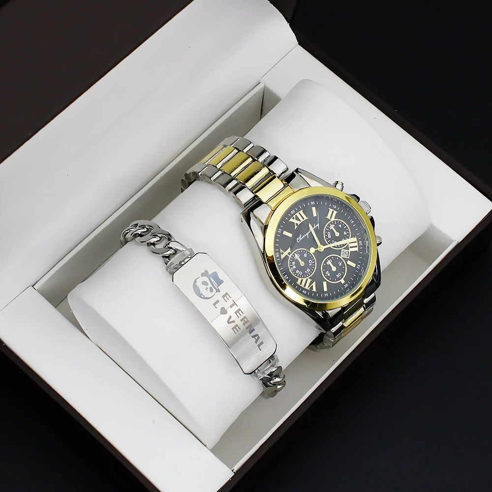 Couple's Fashion Alloy And Stainless Steel Round Dial Wristwatch Set With Gift Box - Image 2