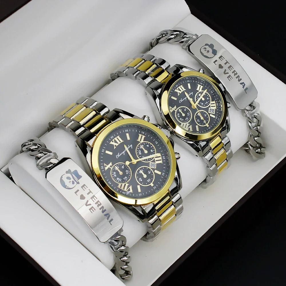 Couple's Fashion Alloy And Stainless Steel Round Dial Wristwatch Set With Gift Box - Image 3