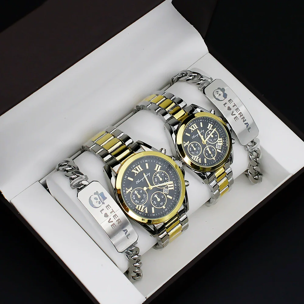 Couple's Fashion Alloy And Stainless Steel Round Dial Wristwatch Set With Gift Box - Image 4