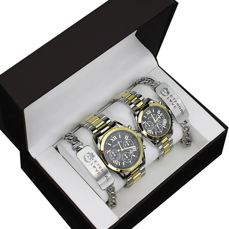 Couple's Fashion Alloy And Stainless Steel Round Dial Wristwatch Set With Gift Box - Image 5
