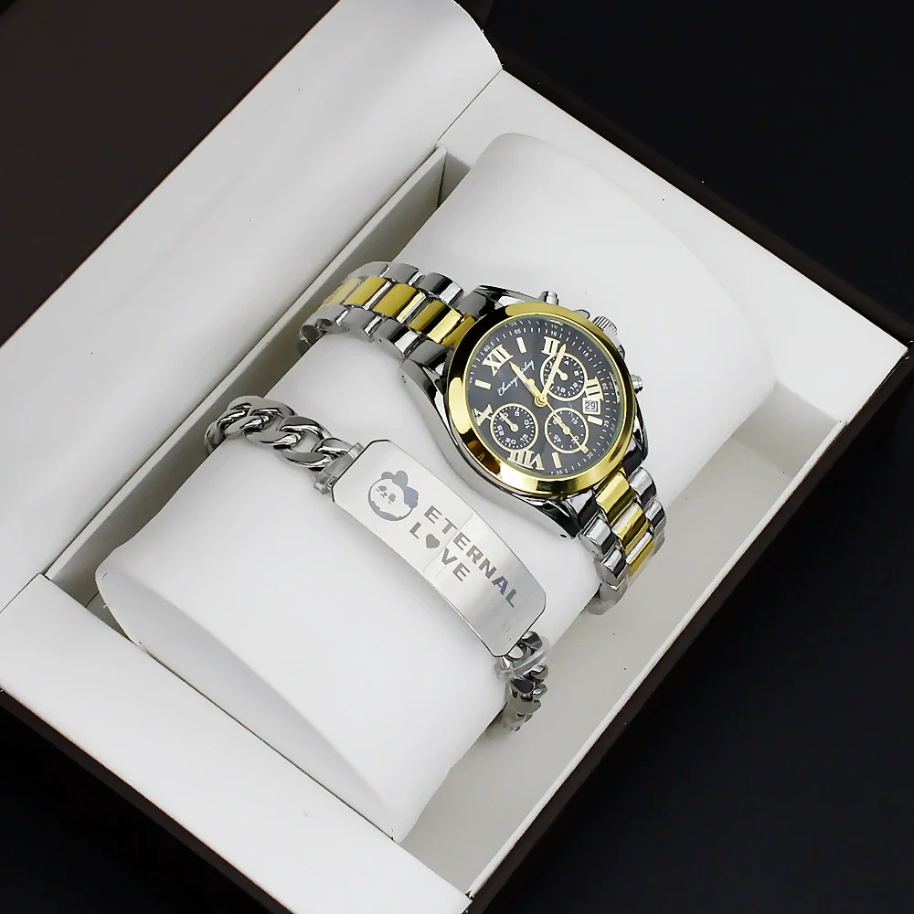 Couple's Fashion Alloy And Stainless Steel Round Dial Wristwatch Set With Gift Box - Image 6