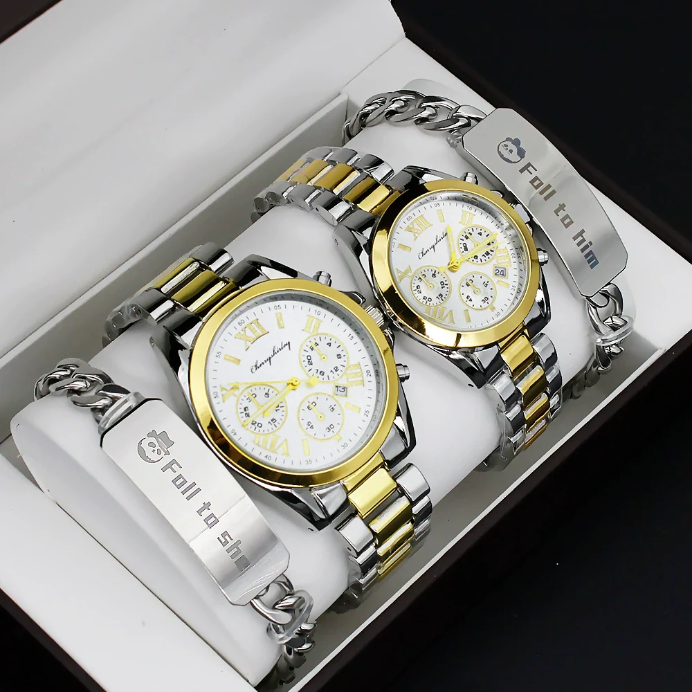 Couple's Fashion Alloy And Stainless Steel Round Dial Wristwatch Set With Gift Box - Image 7