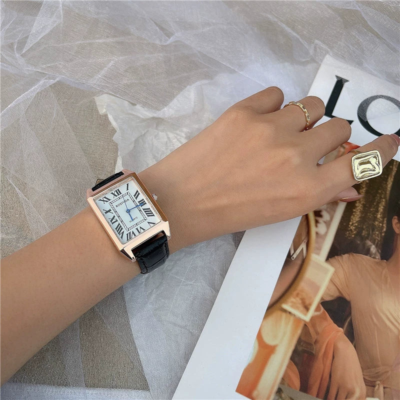 Couple's Square Alloy Case Ordinary Glass Mirror Casual Quartz Belt Pointer Watch
