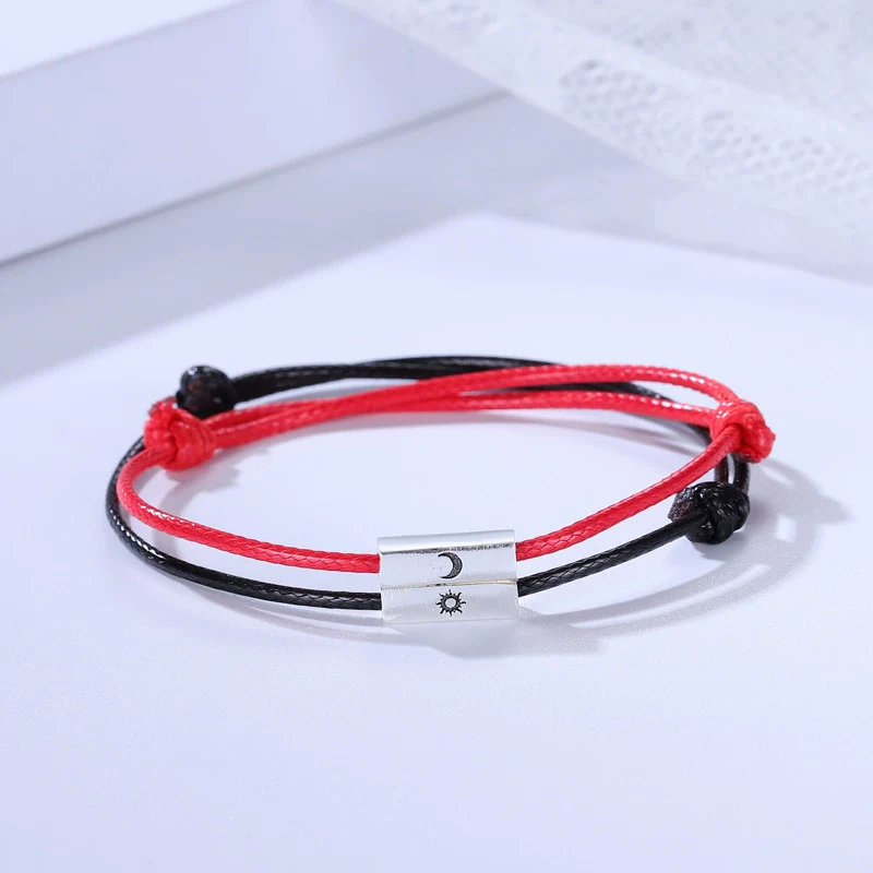 Couple's Sterling Silver 925 Hand Rope Bracelet With Geometric Sun Moon Pendant Electroplated