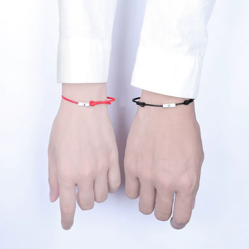 Couple's Sterling Silver 925 Hand Rope Bracelet With Geometric Sun Moon Pendant Electroplated - Image 2