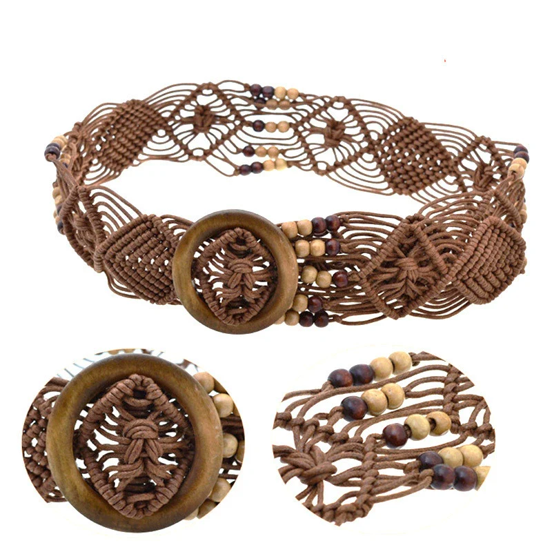 Decorative Belt Wax Rope Wooden Beads Hollow Hand Beaded Woven Clothing Accessories - Image 3
