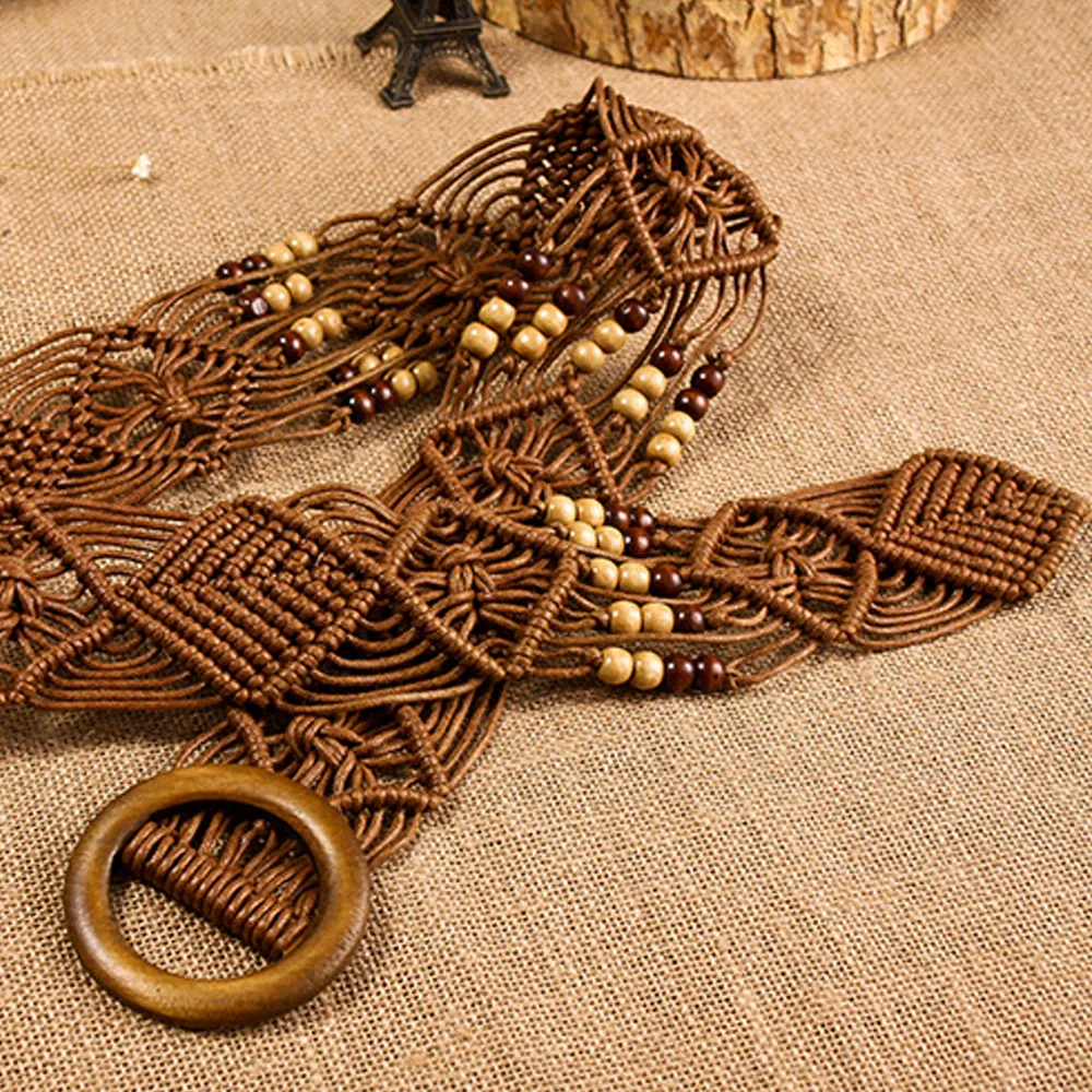 Decorative Belt Wax Rope Wooden Beads Hollow Hand Beaded Woven Clothing Accessories - Image 4