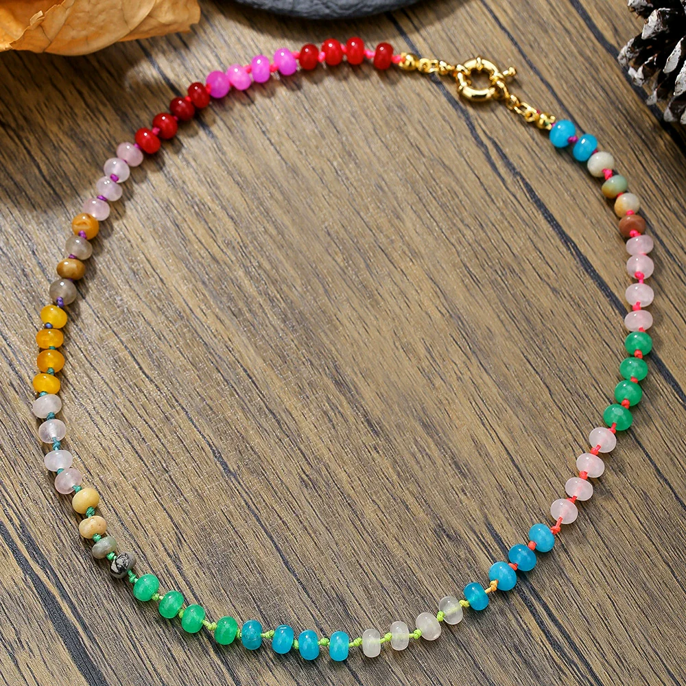 Dopamine Color Natural Stone Abacus Beaded Handmade Stainless Steel Necklace For Women With Geometric Style