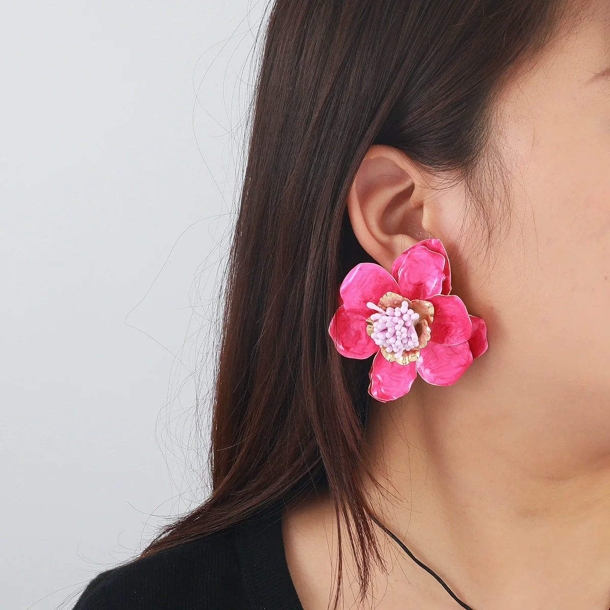 Dopamine Rose Red Women's Exaggerated Highend Earrings Zinc Alloy Flower Electroplated
