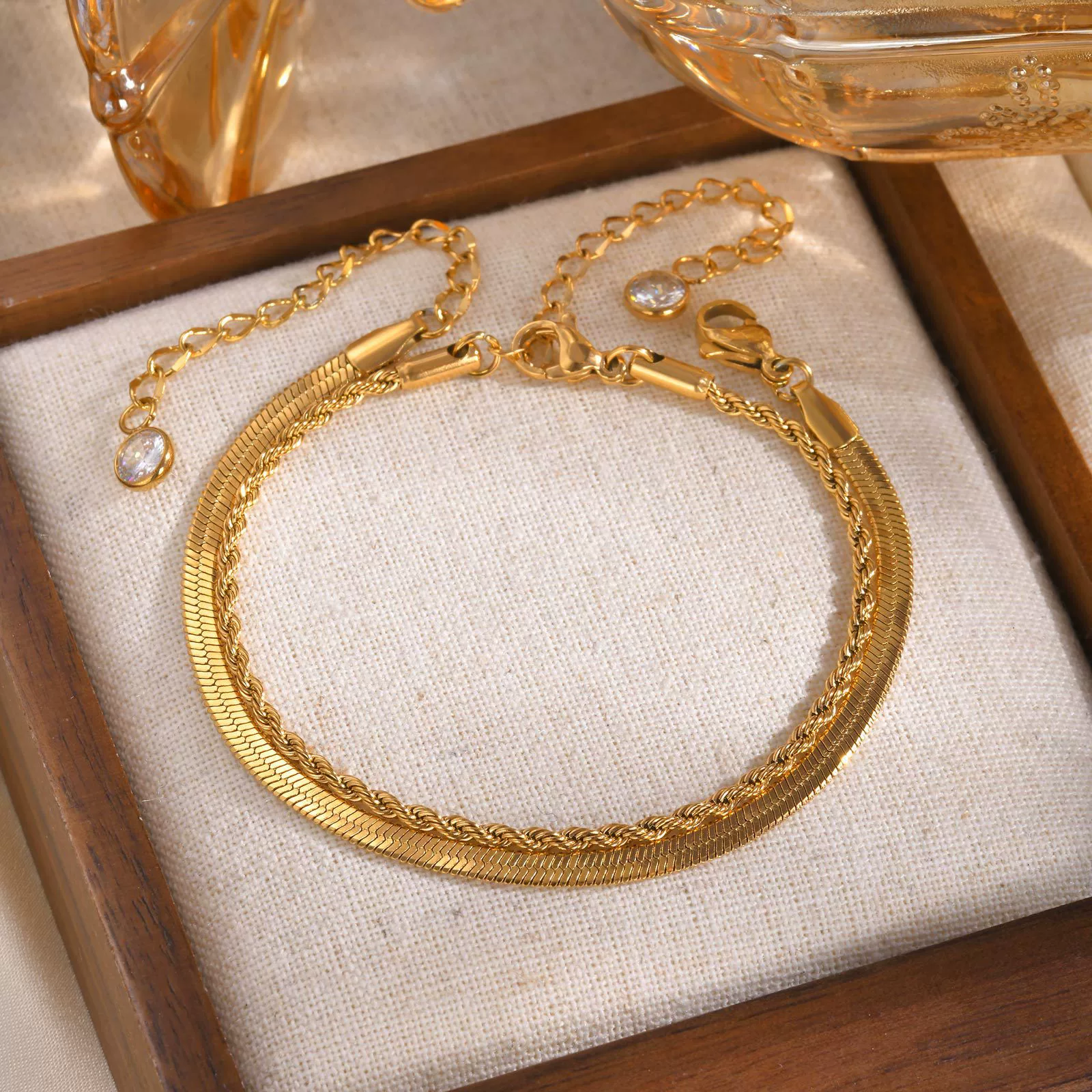 Double Layer Stainless Steel Twist Chain Golden Bracelet Fashion Style For Women