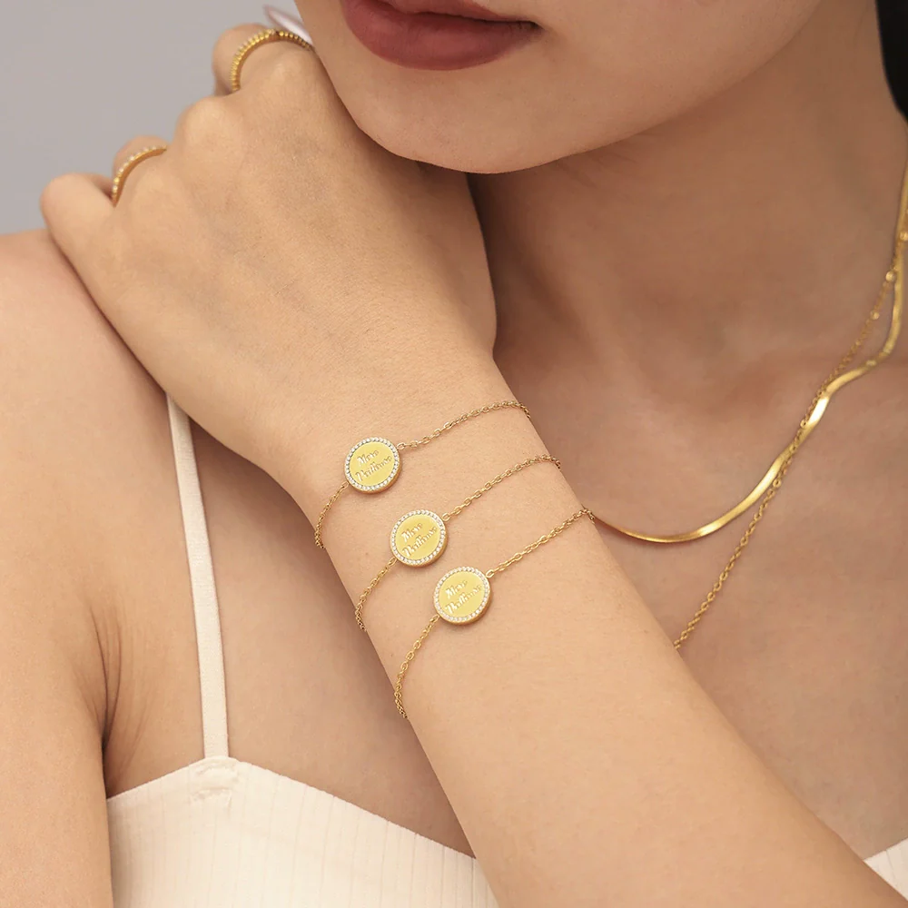 Doublesided Letter Overlapping Clavicle Necklace Bracelet Set Stainless Steel Diamondencrusted Electroplated For Women - Image 2