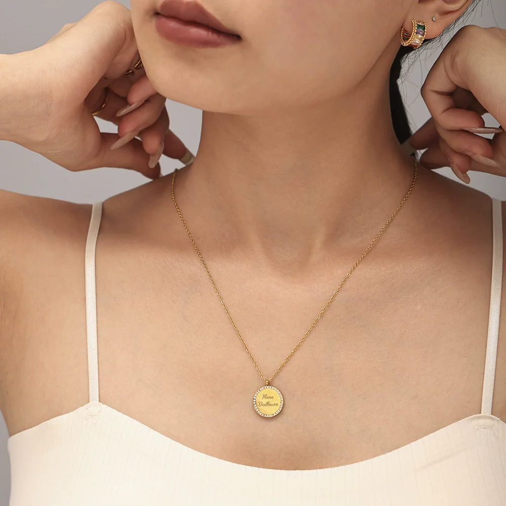 Doublesided Letter Overlapping Clavicle Necklace Bracelet Set Stainless Steel Diamondencrusted Electroplated For Women - Image 3