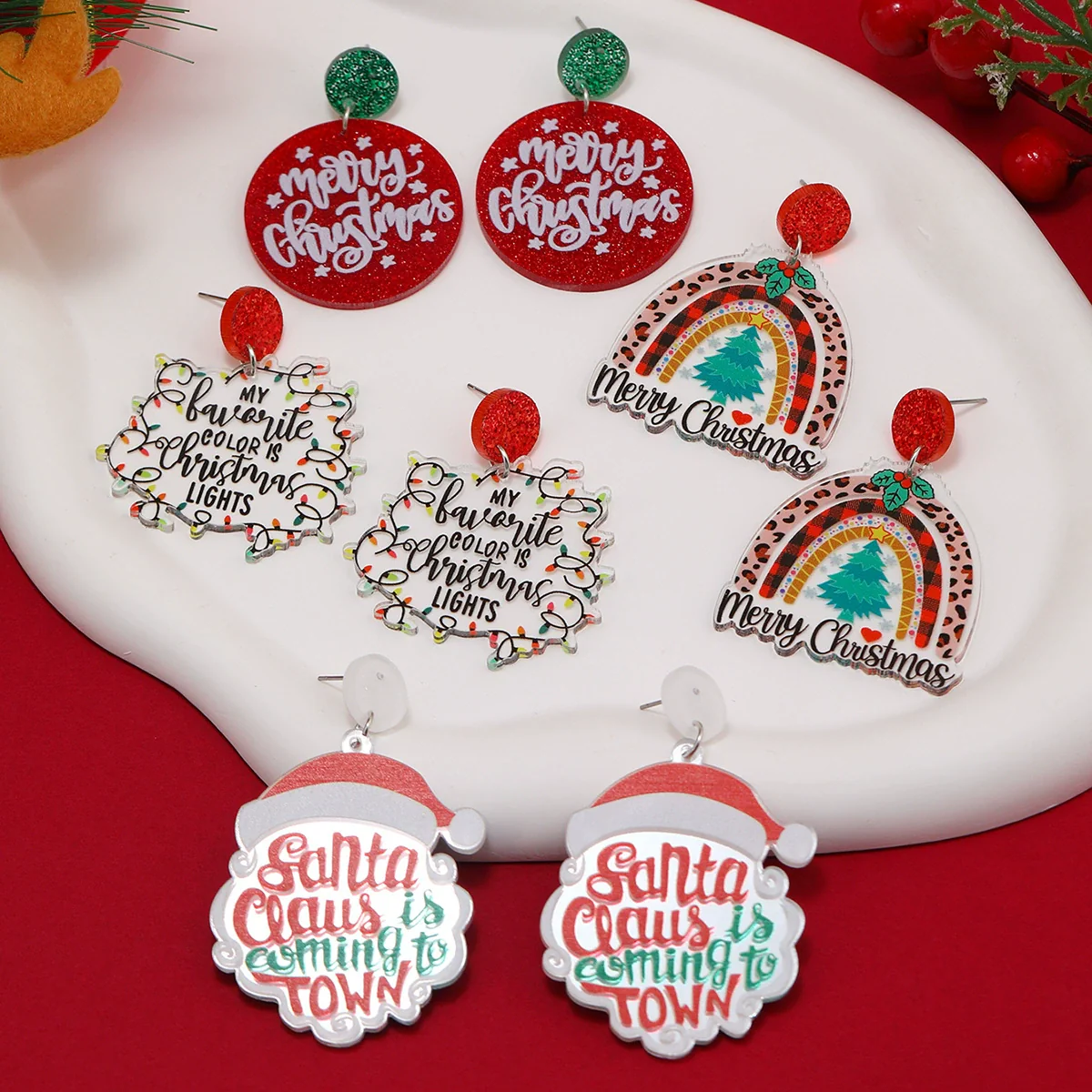 Earrings Acrylic Geometric Christmas Hat Rainbow Christmas Tree Stylish Design For Women