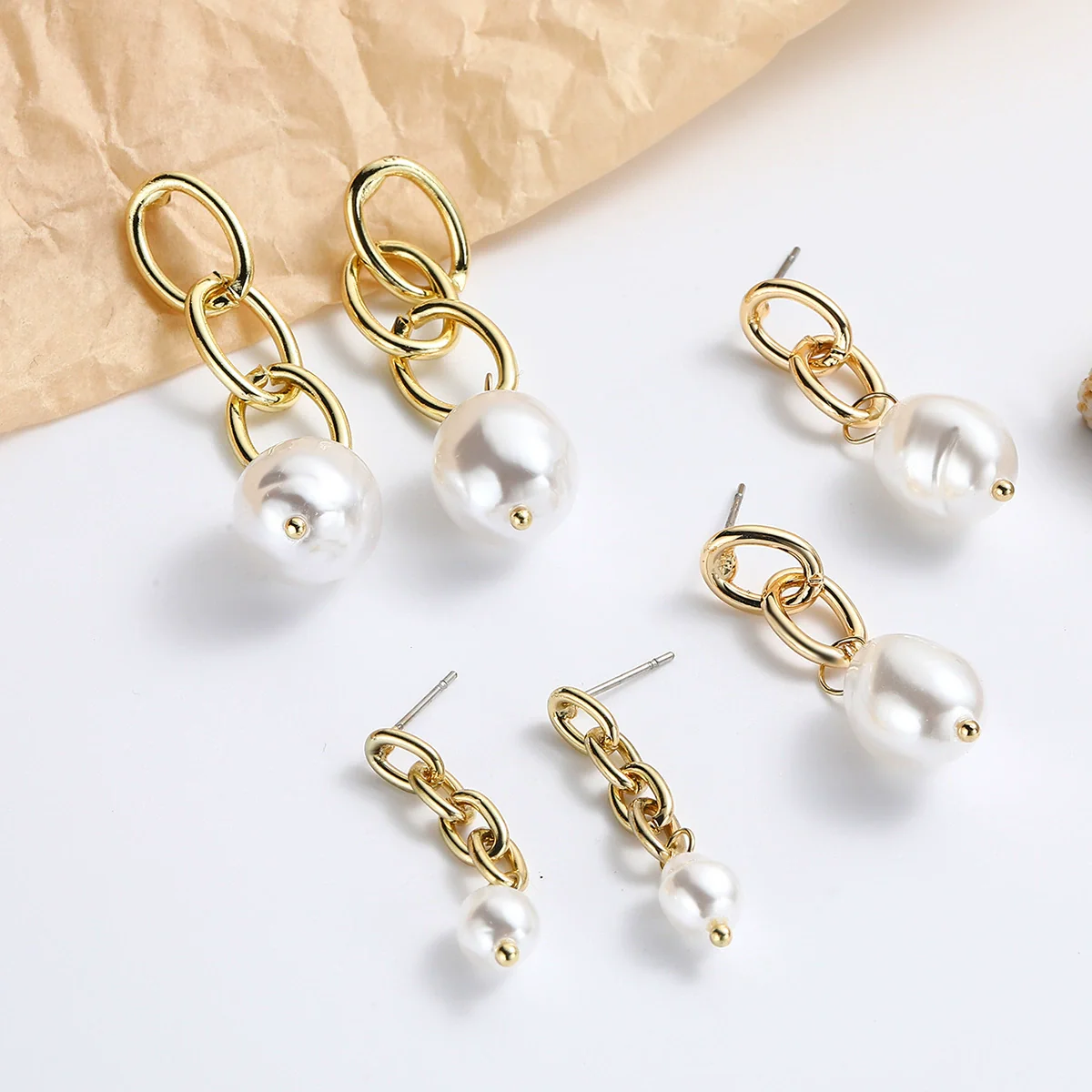 Earrings Pearl Chain Retro Geometric Metal Electroplated For Women - Image 6