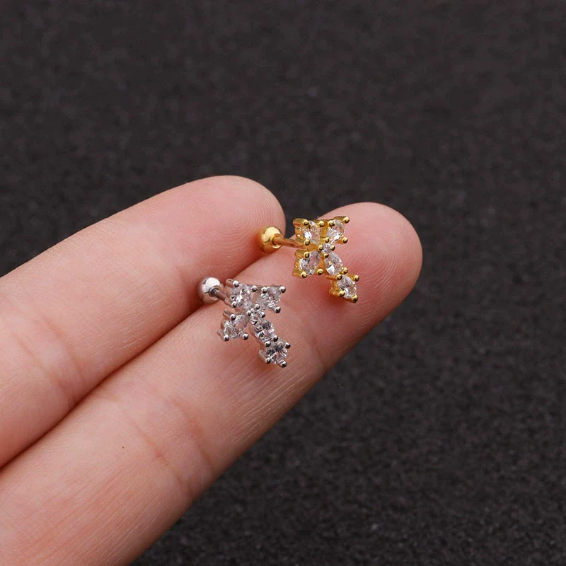 Earrings Stainless Steel Cross Thin Rod Inlaid Zircon With Letters Numbers Text - Image 2
