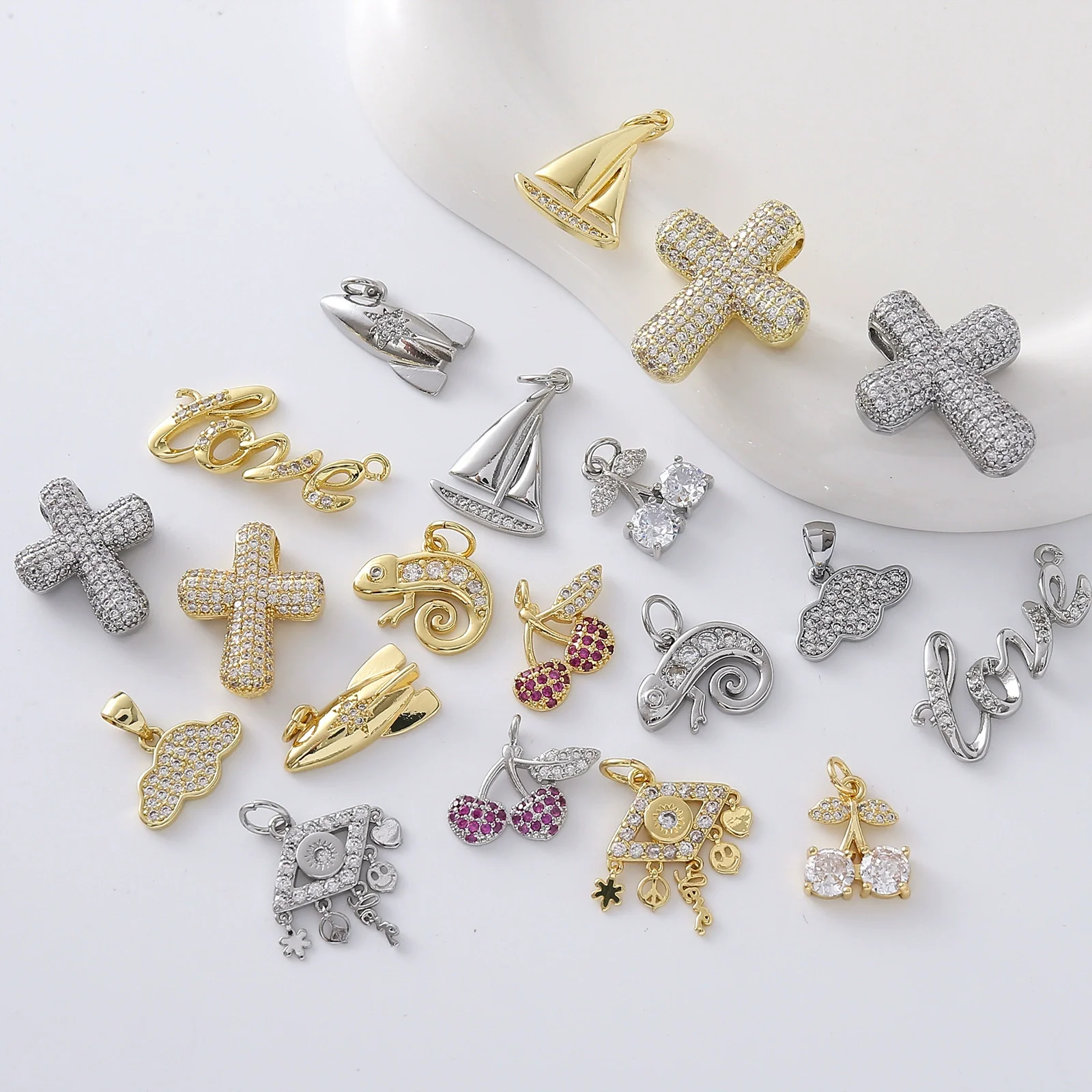 Eco Friendly Fashion Gold Plated Copper Diamond Encrusted Cross Sailboat Cloud Pendant Bracelet Necklace Accessories
