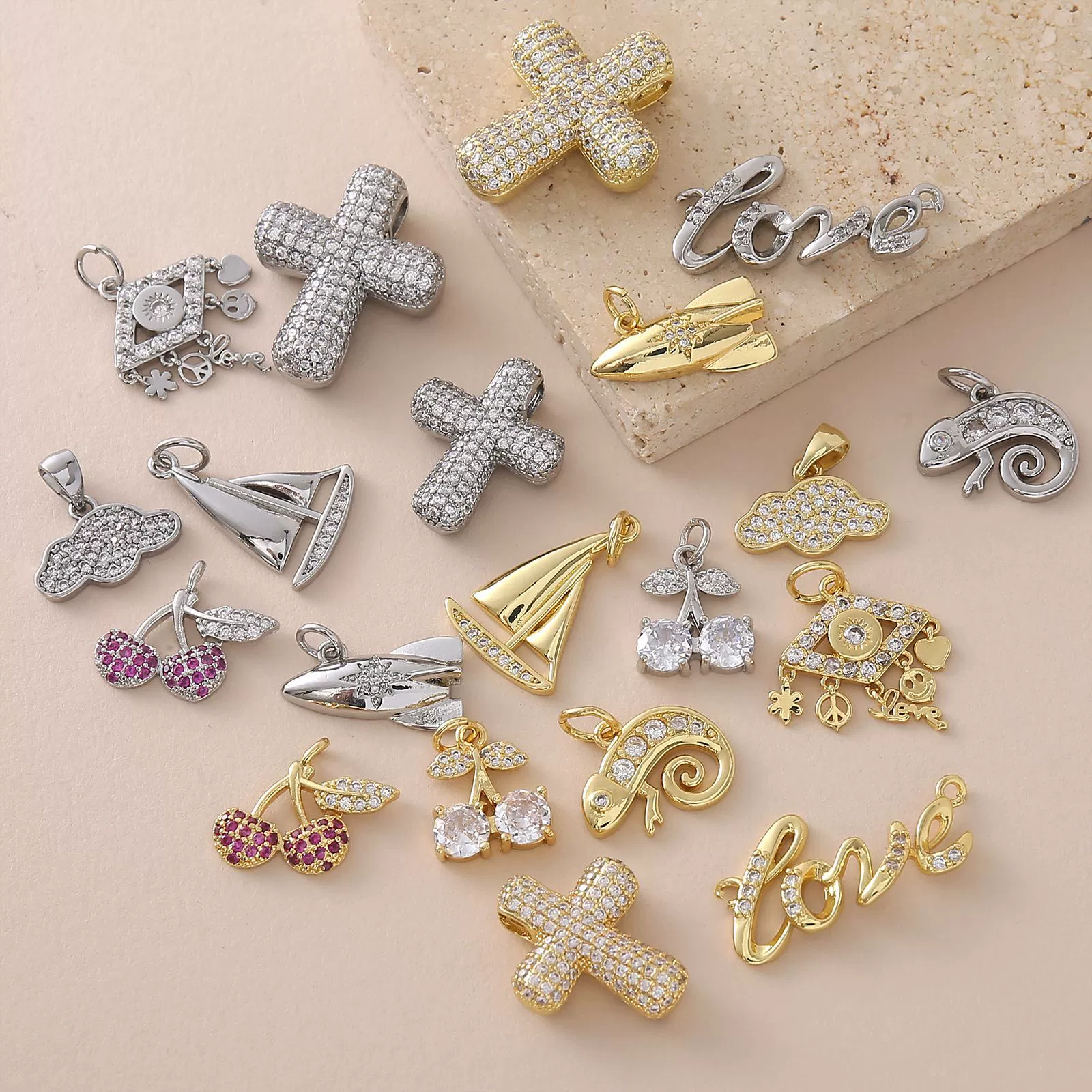 Eco Friendly Fashion Gold Plated Copper Diamond Encrusted Cross Sailboat Cloud Pendant Bracelet Necklace Accessories - Image 2