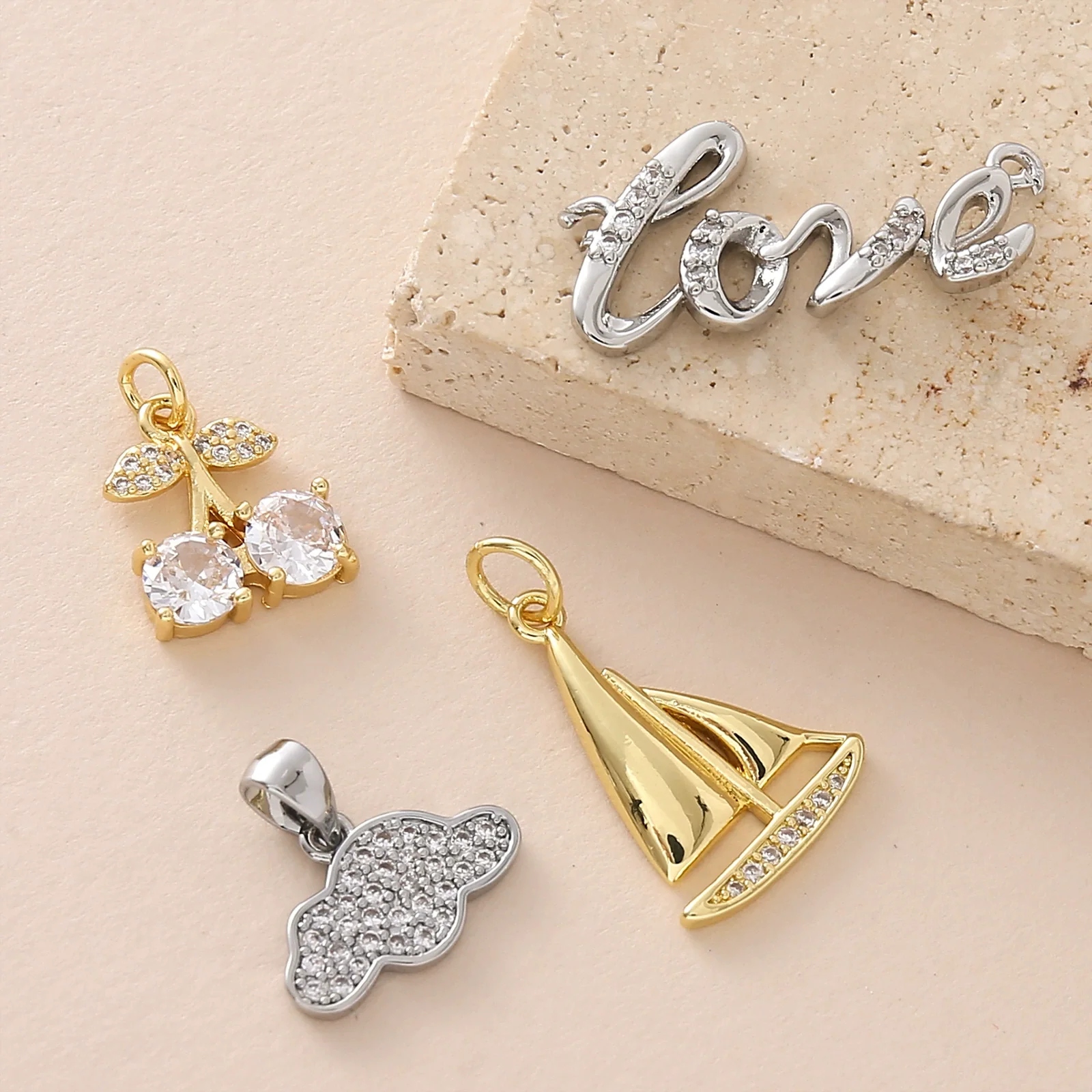 Eco Friendly Fashion Gold Plated Copper Diamond Encrusted Cross Sailboat Cloud Pendant Bracelet Necklace Accessories - Image 3