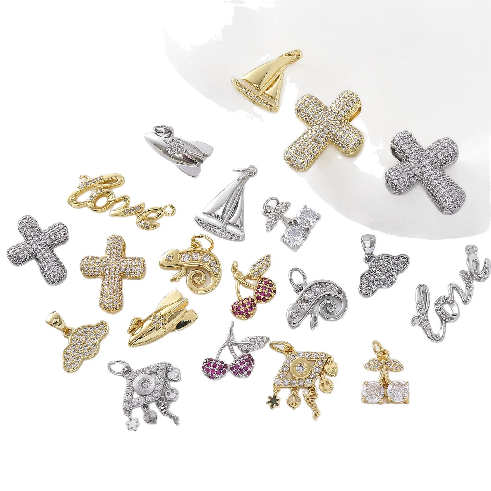 Eco Friendly Fashion Gold Plated Copper Diamond Encrusted Cross Sailboat Cloud Pendant Bracelet Necklace Accessories - Image 5