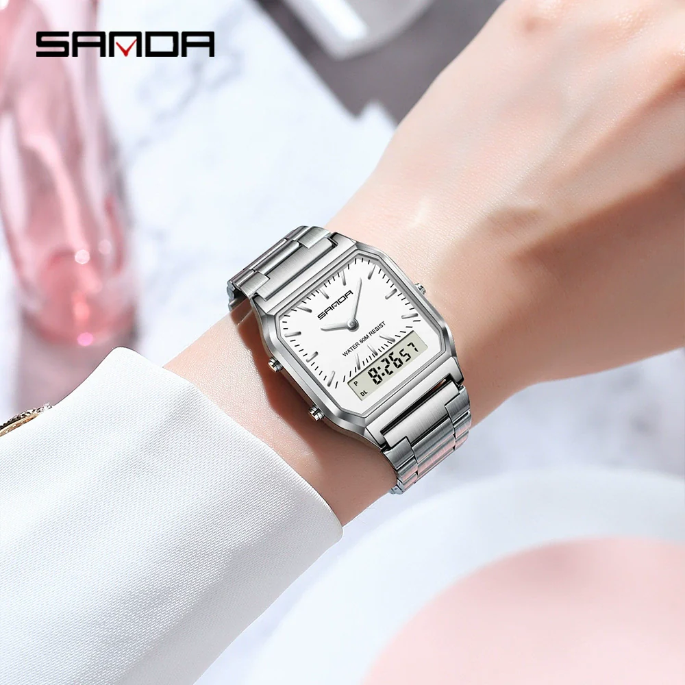 Electronic Watch Alloy Alloy Case Mineral Tempered Glass Mirror Steel Strip Band Square Dial Retro Business Style