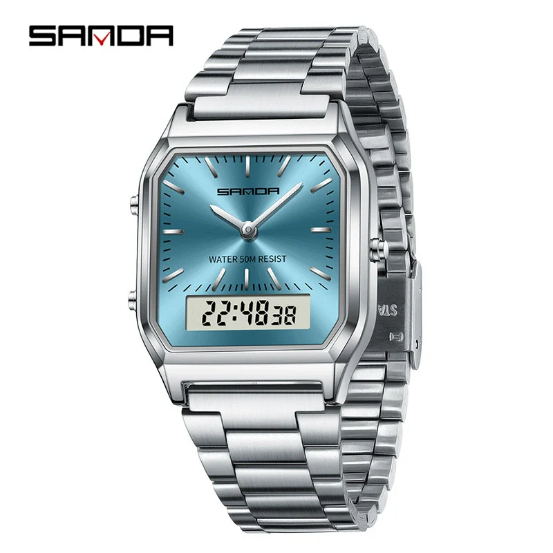 Electronic Watch Alloy Alloy Case Mineral Tempered Glass Mirror Steel Strip Band Square Dial Retro Business Style - Image 3