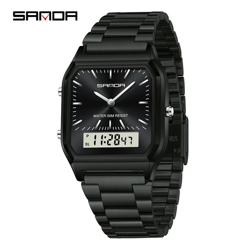 Electronic Watch Alloy Alloy Case Mineral Tempered Glass Mirror Steel Strip Band Square Dial Retro Business Style - Image 5