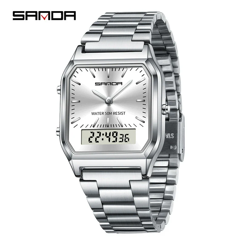 Electronic Watch Alloy Alloy Case Mineral Tempered Glass Mirror Steel Strip Band Square Dial Retro Business Style - Image 6