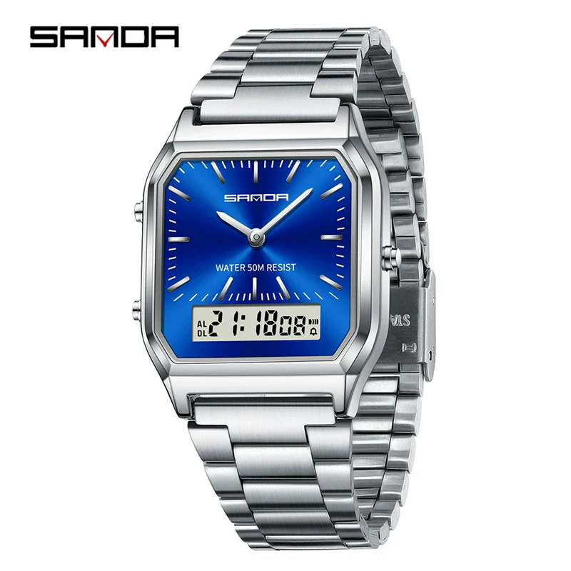 Electronic Watch Alloy Alloy Case Mineral Tempered Glass Mirror Steel Strip Band Square Dial Retro Business Style - Image 8