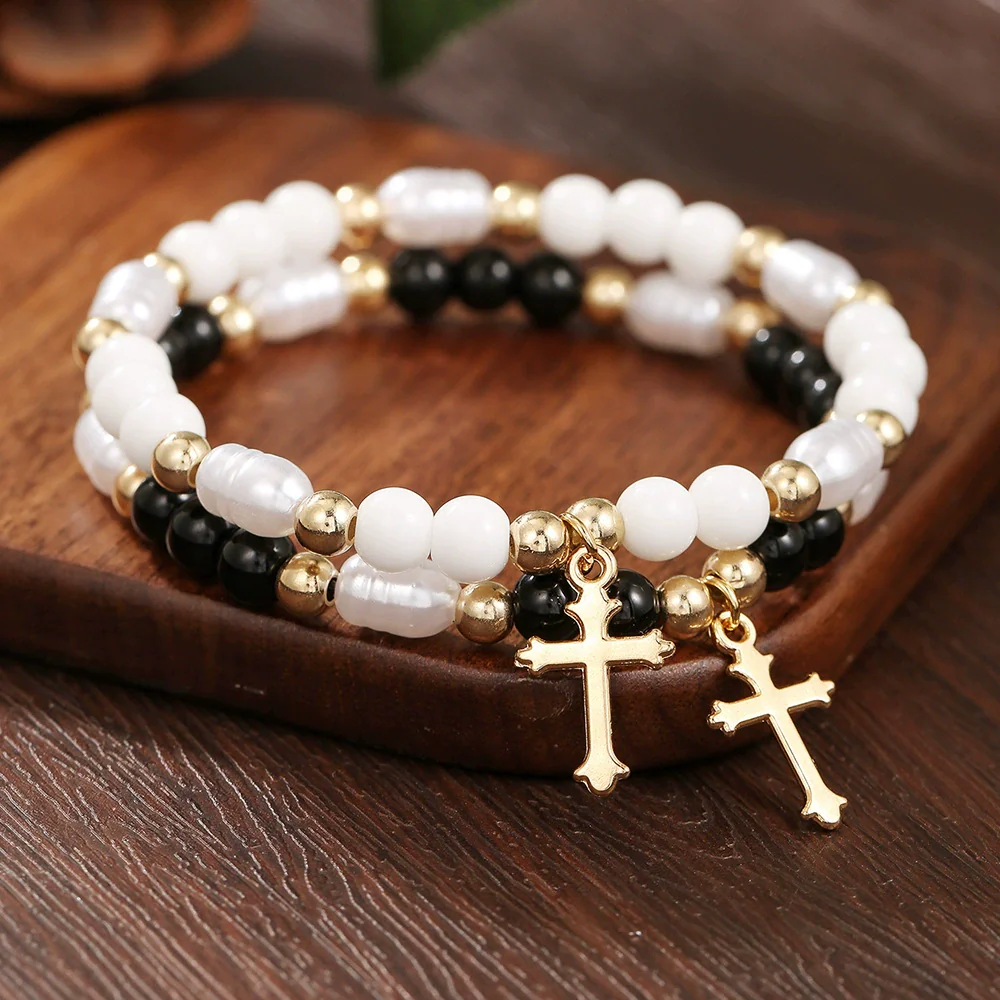 Elegant Geometric Cross Pendant Alloy Black Diamond Imitation Pearl Beaded Handmade Bracelet For Men